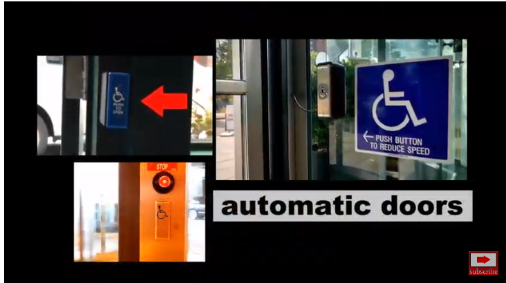 image of an automatic door with a wheelchair symbol sign that says Push Button to Reduce Speed